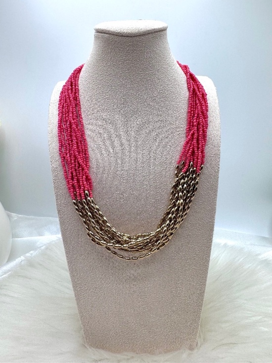 Jewelry - Pink & Gold Multi-Strand Seed Bead Statement Necklace | Adjustable Lobster Clasp